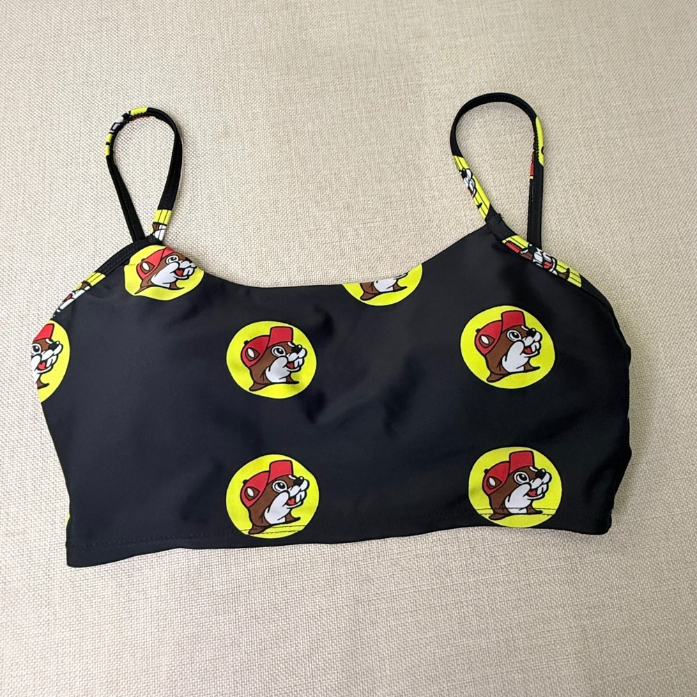 Buc-ee's Women's Bikini Top Black Beaver Logo Print Swimwear‎ Scoop Neck